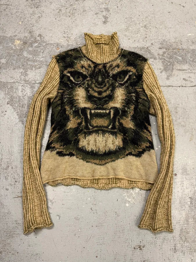 FW2000 Roberto Cavalli Beige Wool Lynx Turtleneck Sweater rrxZVto 0