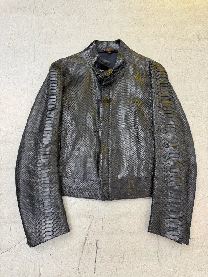 FW2000 Roberto Cavalli Black Python Leather Biker Jacket owwWwpG 0
