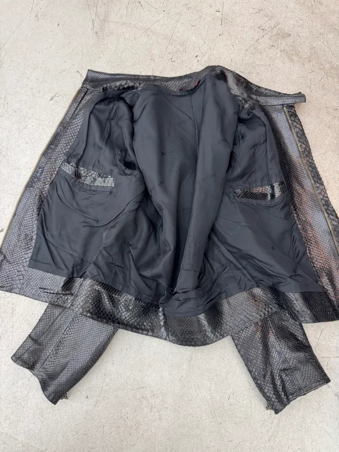 FW2000 Roberto Cavalli Black Python Leather Biker Jacket owwWwpG 12