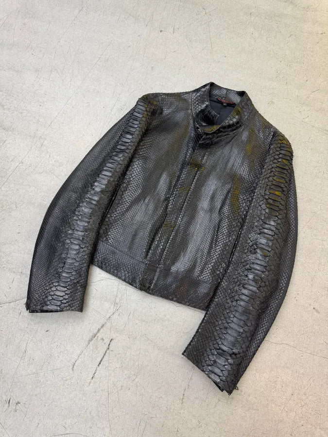 FW2000 Roberto Cavalli Black Python Leather Biker Jacket owwWwpG 4