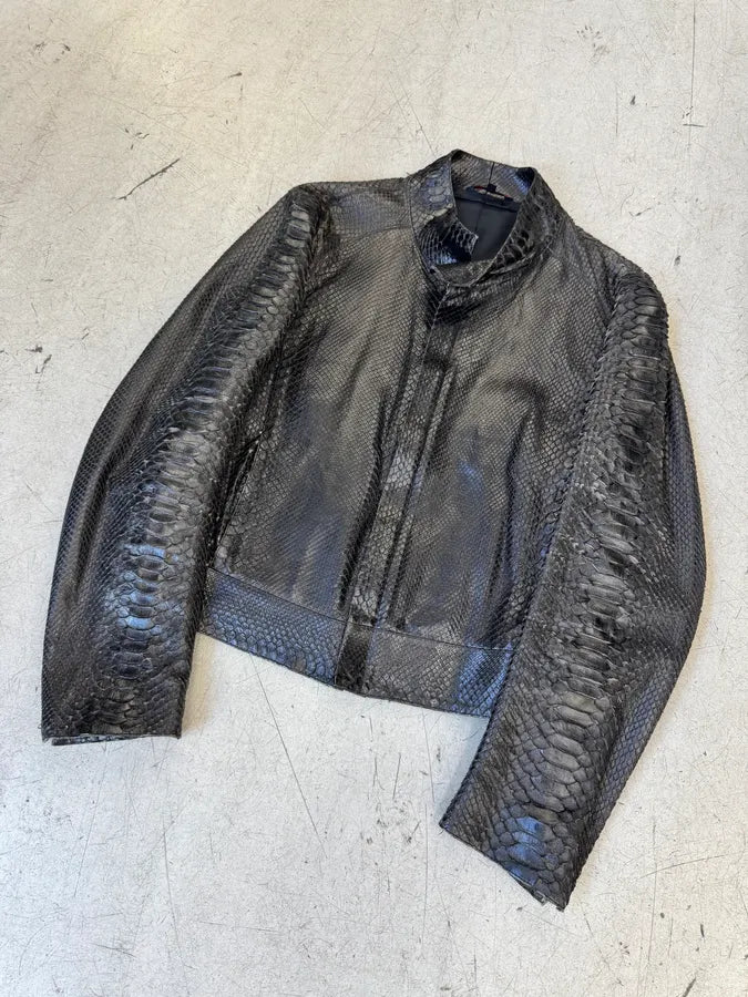 FW2000 Roberto Cavalli Black Python Leather Biker Jacket owwWwpG 7