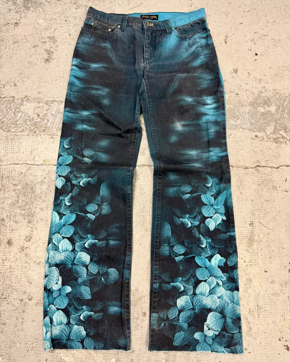 FW2000 Roberto Cavalli Blue Floral Spectrum Ocean Pants (S) ZcoGOiH 0