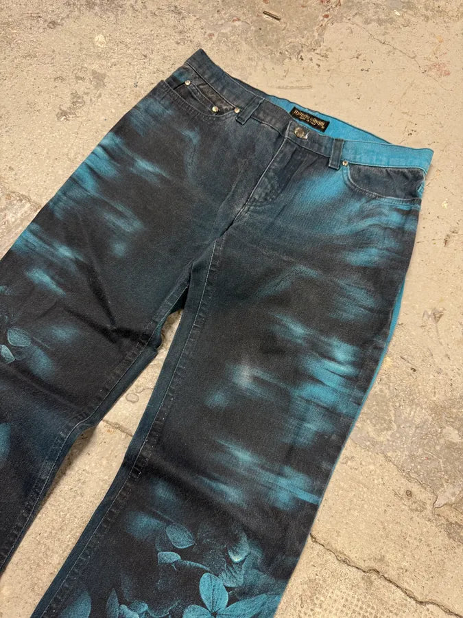 FW2000 Roberto Cavalli Blue Floral Spectrum Ocean Pants (S) ZcoGOiH 1