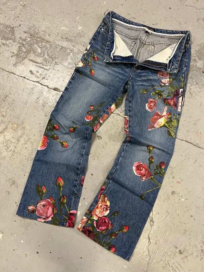 FW1999 Roberto Cavalli Blue Flowers Denim Jeans IYlJWju 5
