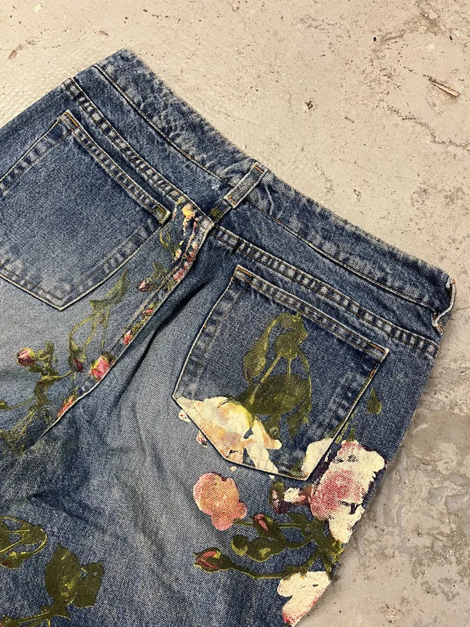 FW1999 Roberto Cavalli Blue Flowers Denim Jeans IYlJWju 7