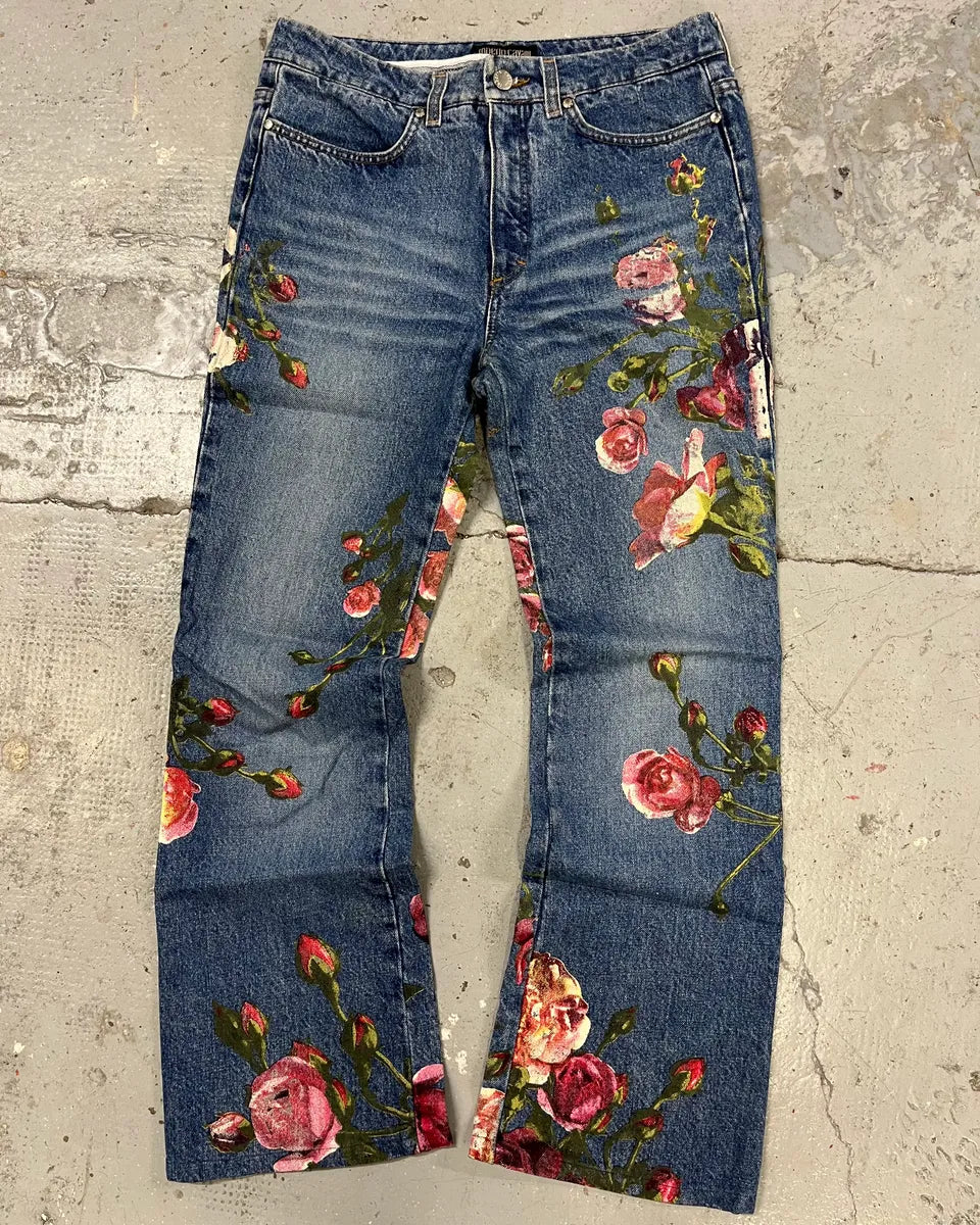 FW1999 Roberto Cavalli Blue Flowers Denim Jeans IYlJWju 0