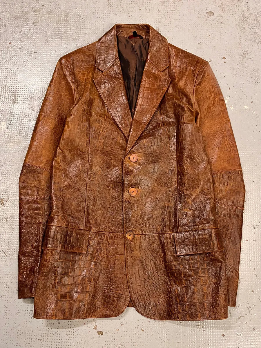 FW2000 Roberto Cavalli Brown Crocodile Embossed Leather Blazer Jacket NYxQSpv 0