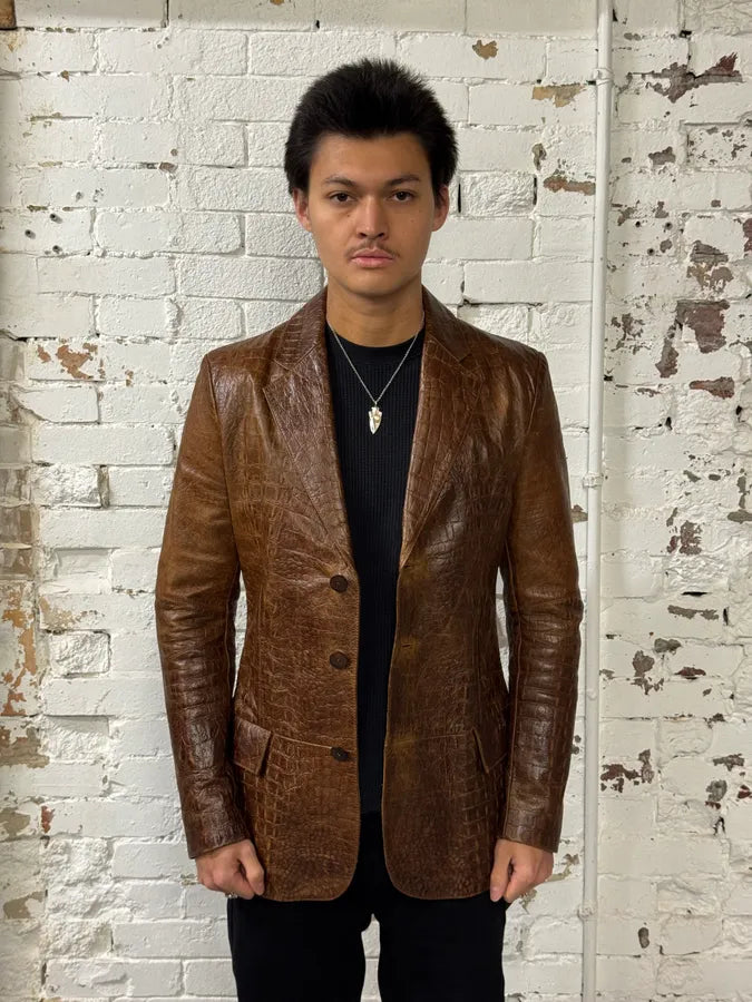 FW2000 Roberto Cavalli Brown Crocodile Embossed Leather Blazer Jacket NYxQSpv 1