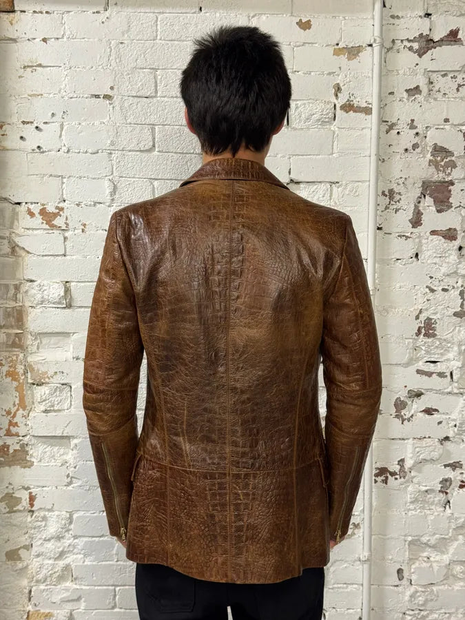 FW2000 Roberto Cavalli Brown Crocodile Embossed Leather Blazer Jacket NYxQSpv 2