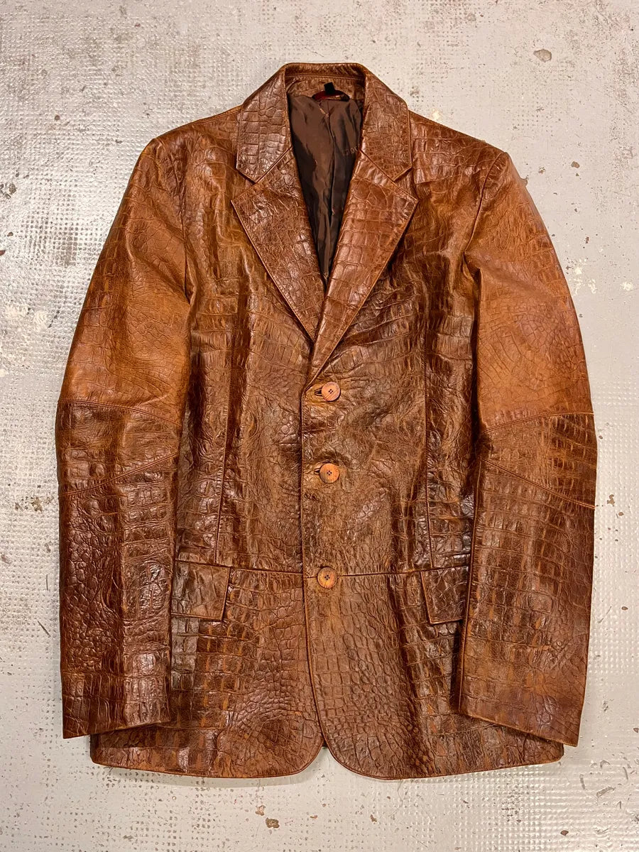 FW2000 Roberto Cavalli Brown Crocodile Embossed Leather Blazer Jacket NYxQSpv 3