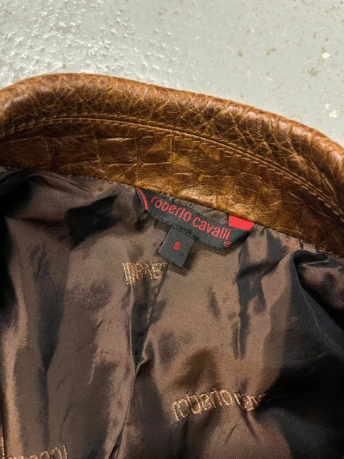 FW2000 Roberto Cavalli Brown Crocodile Embossed Leather Blazer Jacket NYxQSpv 8