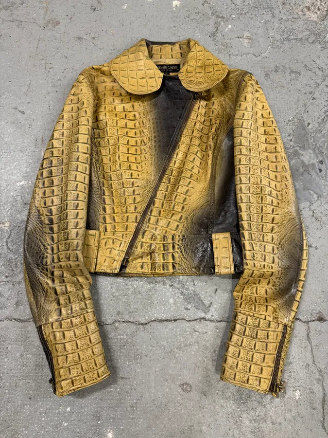 FW2000 Roberto Cavalli Crocodile Effect Asymmetrical Leather Jacket (XXS/XS) 0