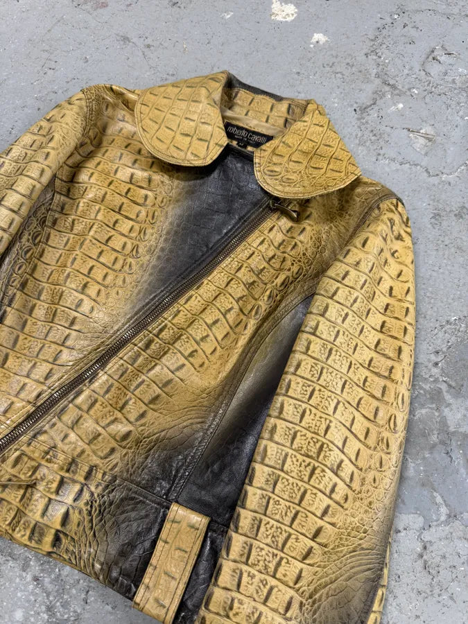 FW2000 Roberto Cavalli Crocodile Effect Asymmetrical Leather Jacket (XXS/XS) 2