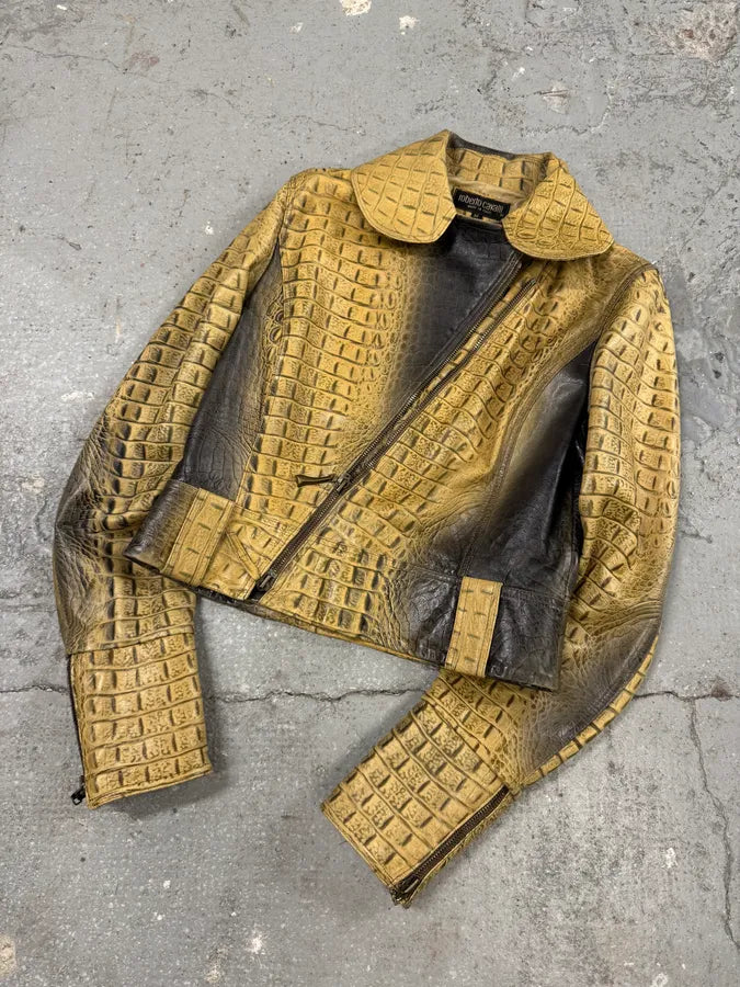 FW2000 Roberto Cavalli Crocodile Effect Asymmetrical Leather Jacket hXsFAnH 5