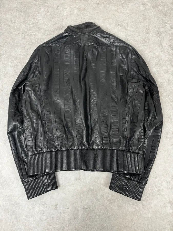 FW2000 Roberto Cavalli Crocodile Effect Black Leather Jacket mMEOjfW 3