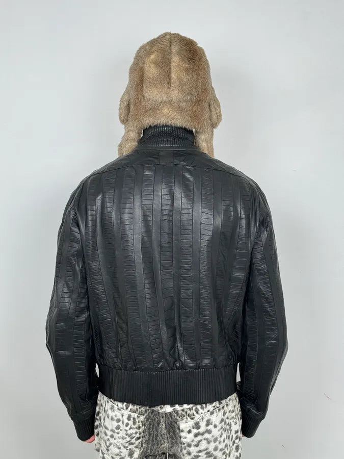 FW2000 Roberto Cavalli Crocodile Effect Black Leather Jacket mMEOjfW 2