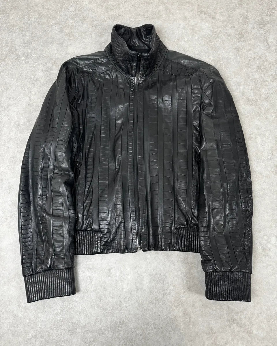 FW2000 Roberto Cavalli Crocodile Effect Black Leather Jacket mMEOjfW 0