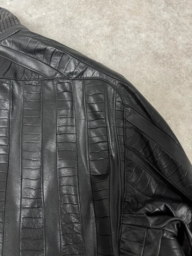FW2000 Roberto Cavalli Crocodile Effect Black Leather Jacket mMEOjfW 8