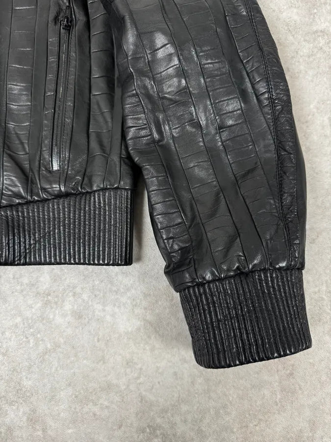 FW2000 Roberto Cavalli Crocodile Effect Black Leather Jacket mMEOjfW 7