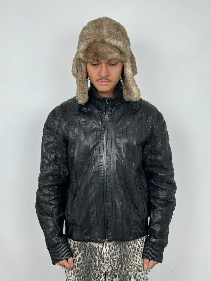 FW2000 Roberto Cavalli Crocodile Effect Black Leather Jacket mMEOjfW 1