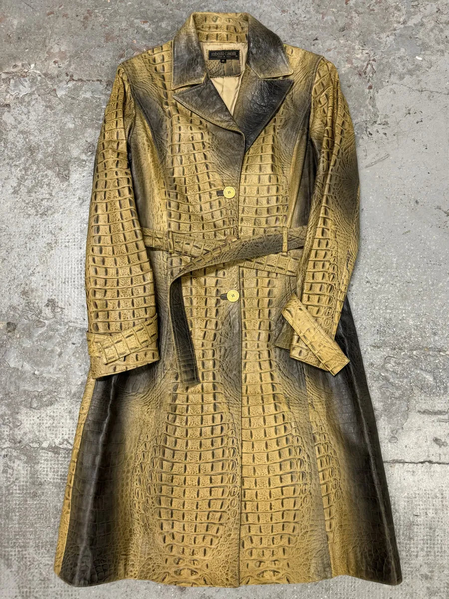 FW2000 Roberto Cavalli Crocodile Effect Embossed Leather Trench Coat (M) zMGythN 0