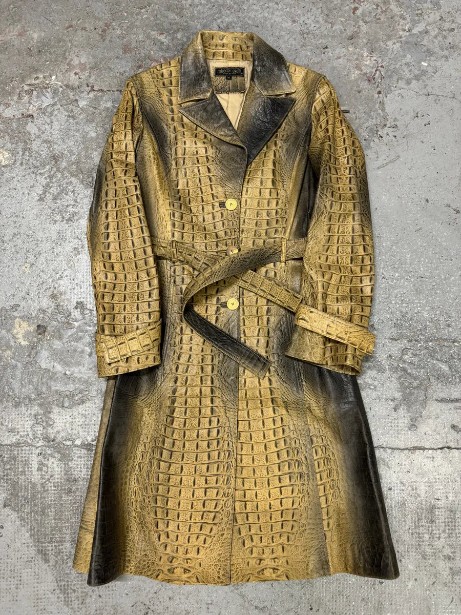 FW2000 Roberto Cavalli Crocodile Effect Embossed Leather Trench Coat (M) zMGythN 3