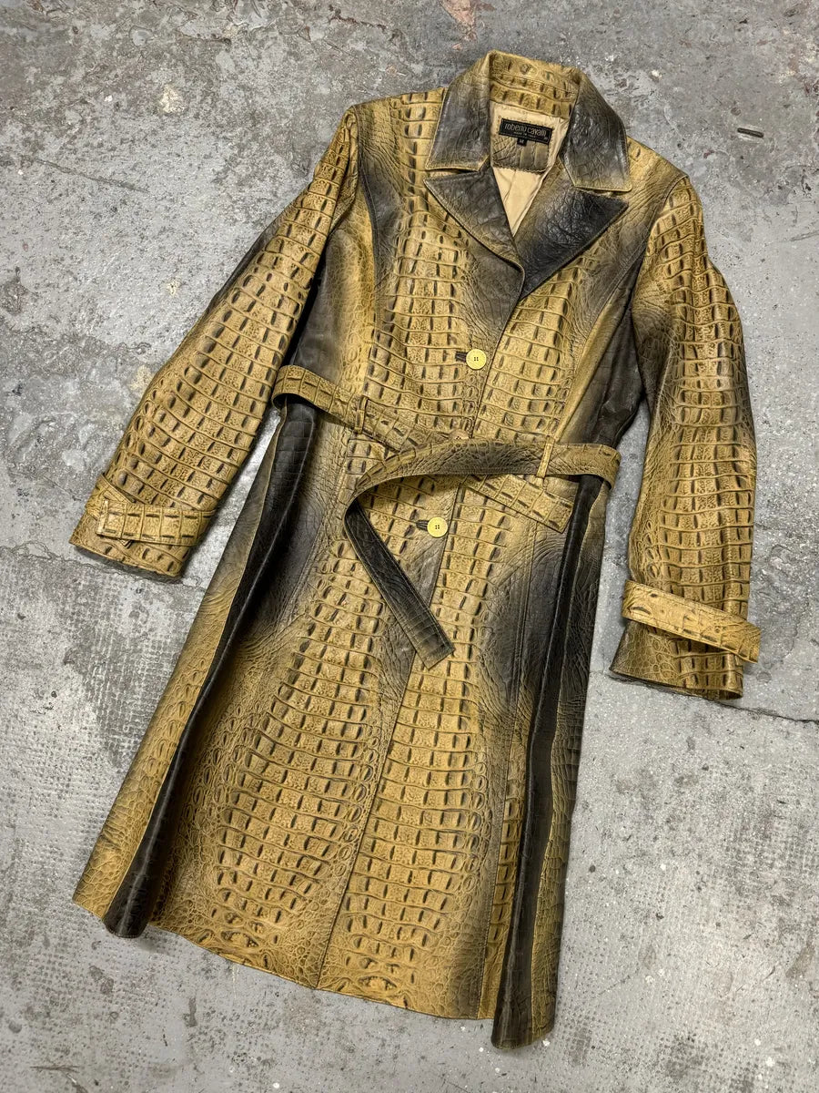 FW2000 Roberto Cavalli Crocodile Effect Embossed Leather Trench Coat (M) zMGythN 6