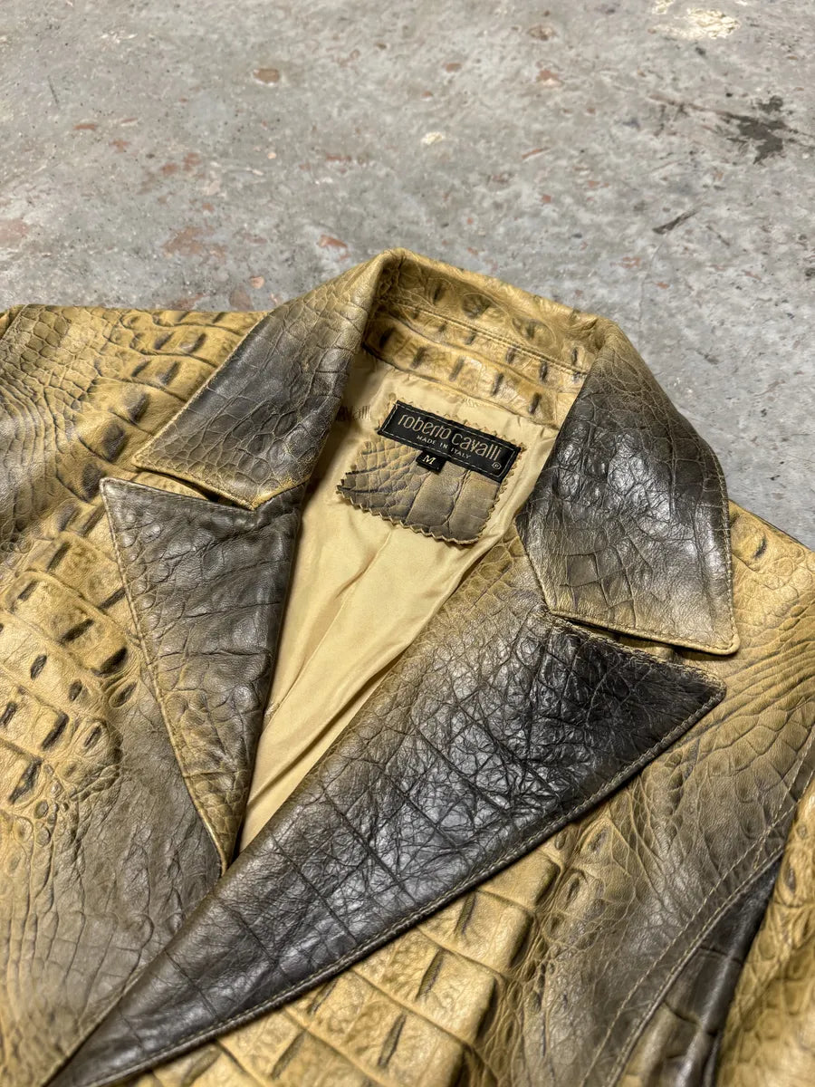 FW2000 Roberto Cavalli Crocodile Effect Embossed Leather Trench Coat (M) zMGythN 8