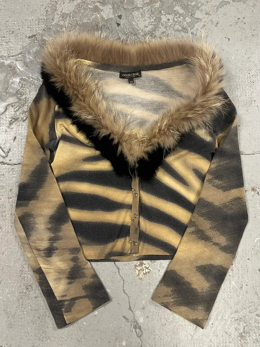 FW2000 Roberto Cavalli Gold Tiger Savage Fur Cardigan (XS/S) 0