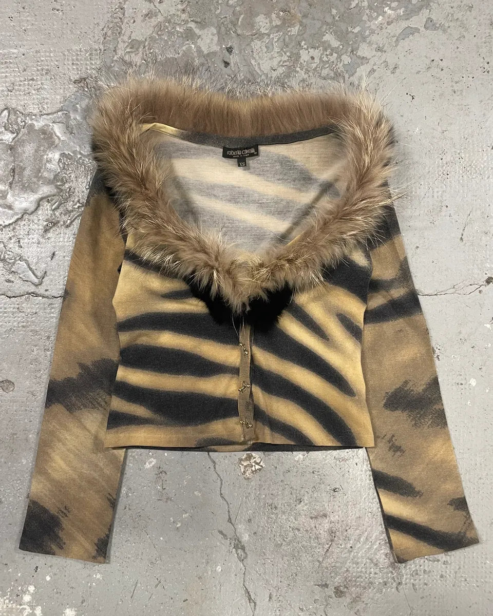 FW2000 Roberto Cavalli Gold Tiger Savage Fur Cardigan (XS/S) 4