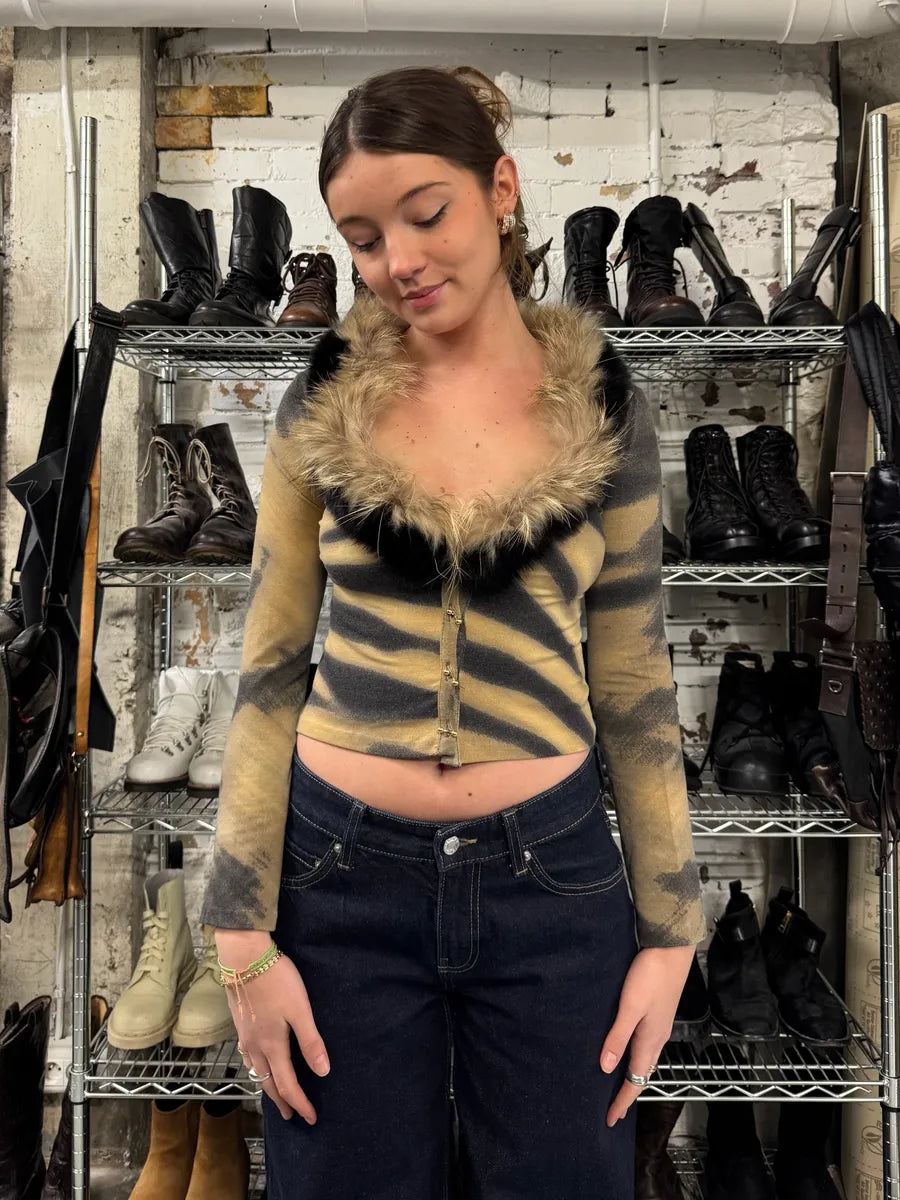 FW2000 Roberto Cavalli Gold Tiger Savage Fur Cardigan (XS/S) 1