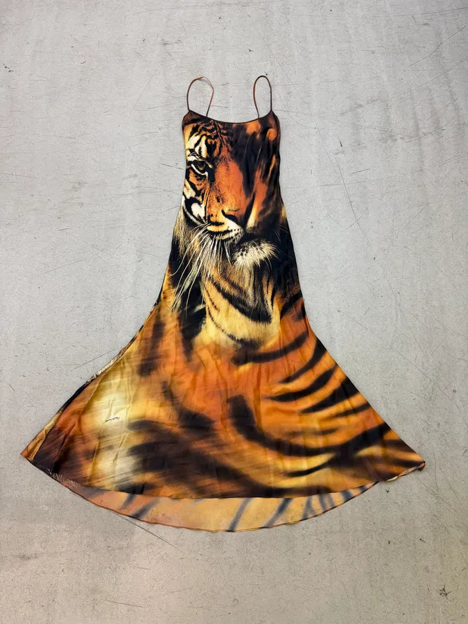FW2000 Roberto Cavalli Orange Silk Tiger Maxi Dress dHaIUac 0