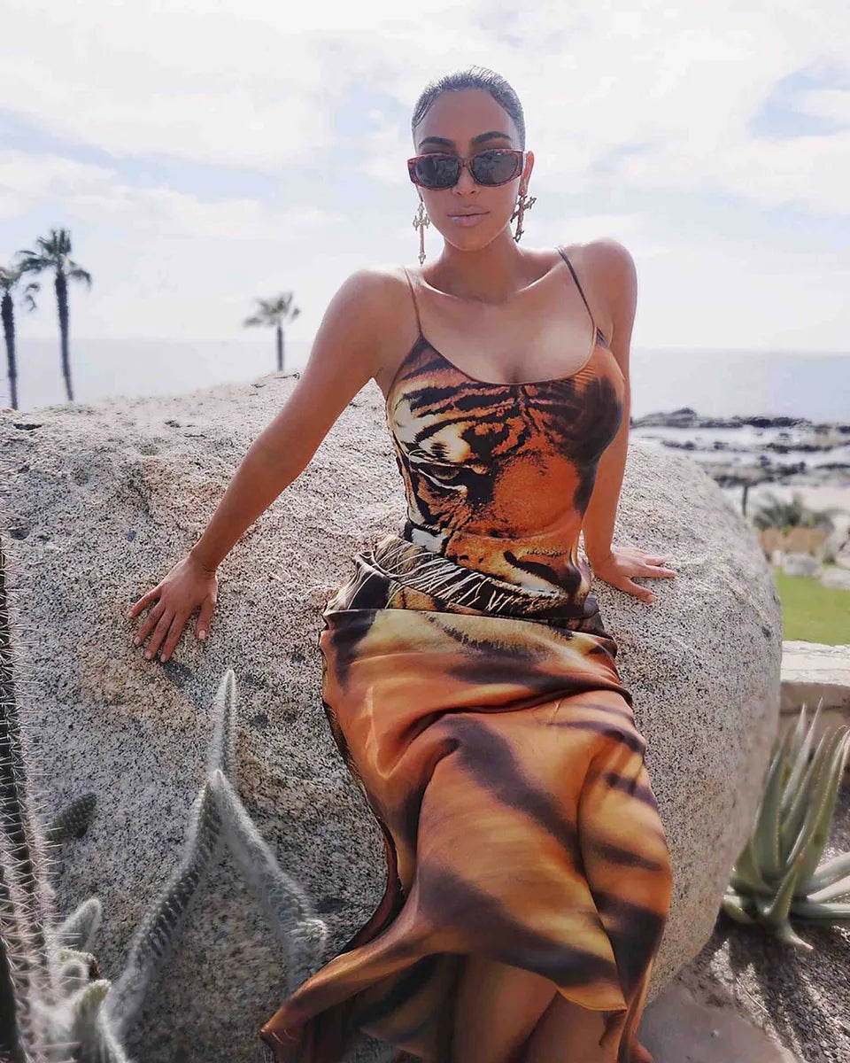 FW2000 Roberto Cavalli Orange Silk Tiger Maxi Dress dHaIUac 3