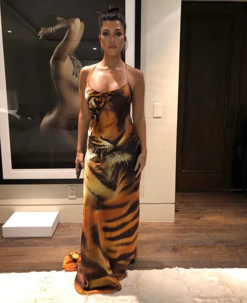 FW2000 Roberto Cavalli Orange Silk Tiger Maxi Dress dHaIUac 4