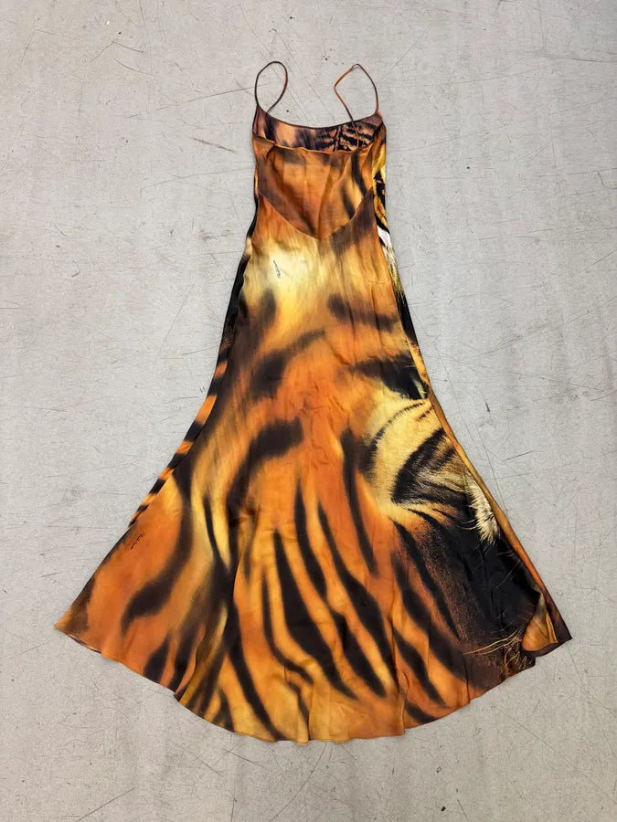 FW2000 Roberto Cavalli Orange Silk Tiger Maxi Dress dHaIUac 7