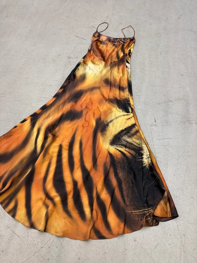 FW2000 Roberto Cavalli Orange Silk Tiger Maxi Dress dHaIUac 8