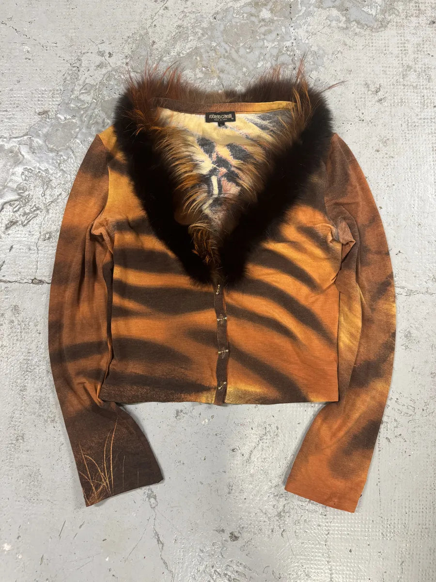 FW2000 Roberto Cavalli Orange Tiger Fur Collar Cardigan BkNGGQQ 1