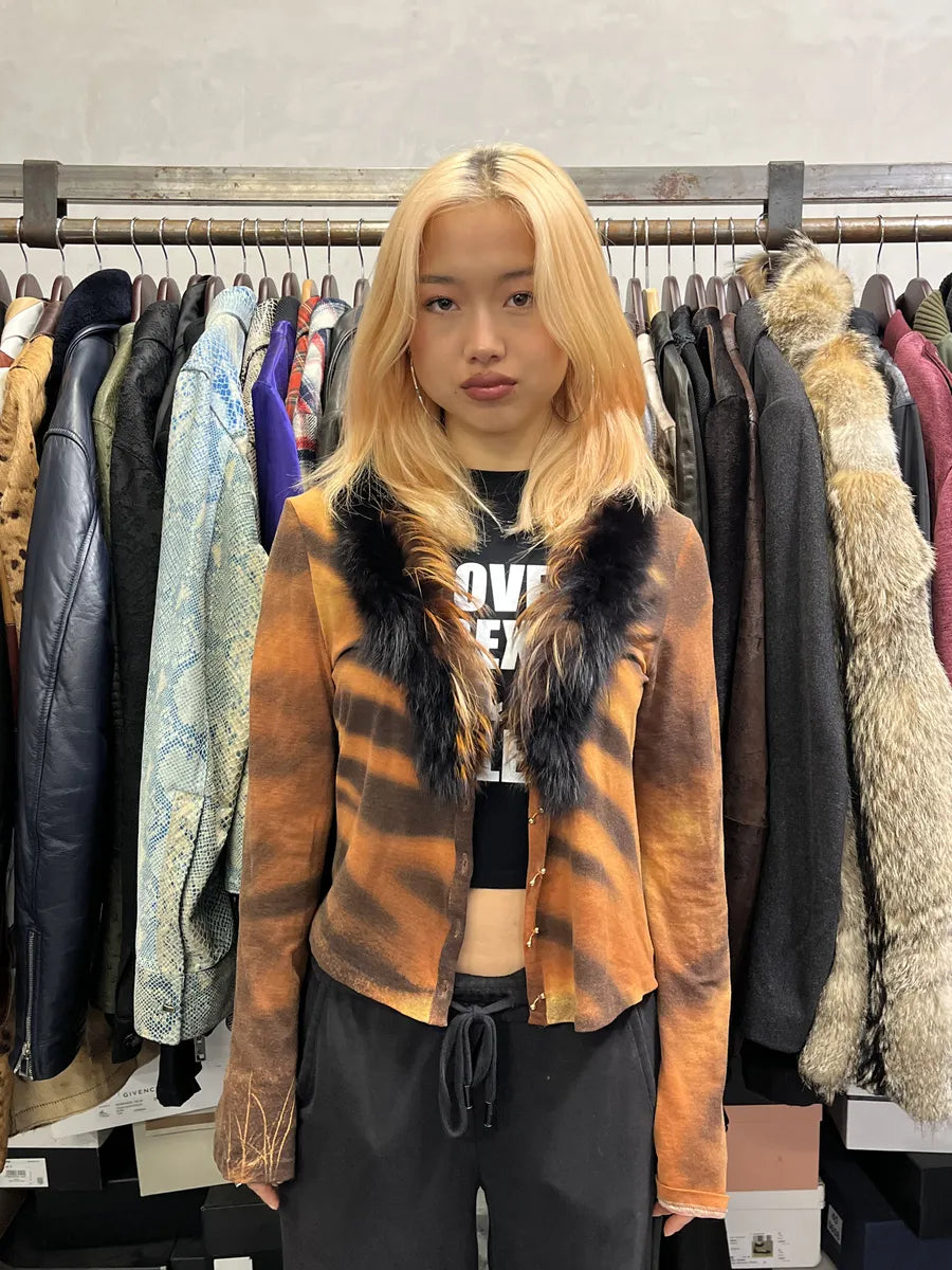 FW2000 Roberto Cavalli Orange Tiger Fur Collar Cardigan – Dolce