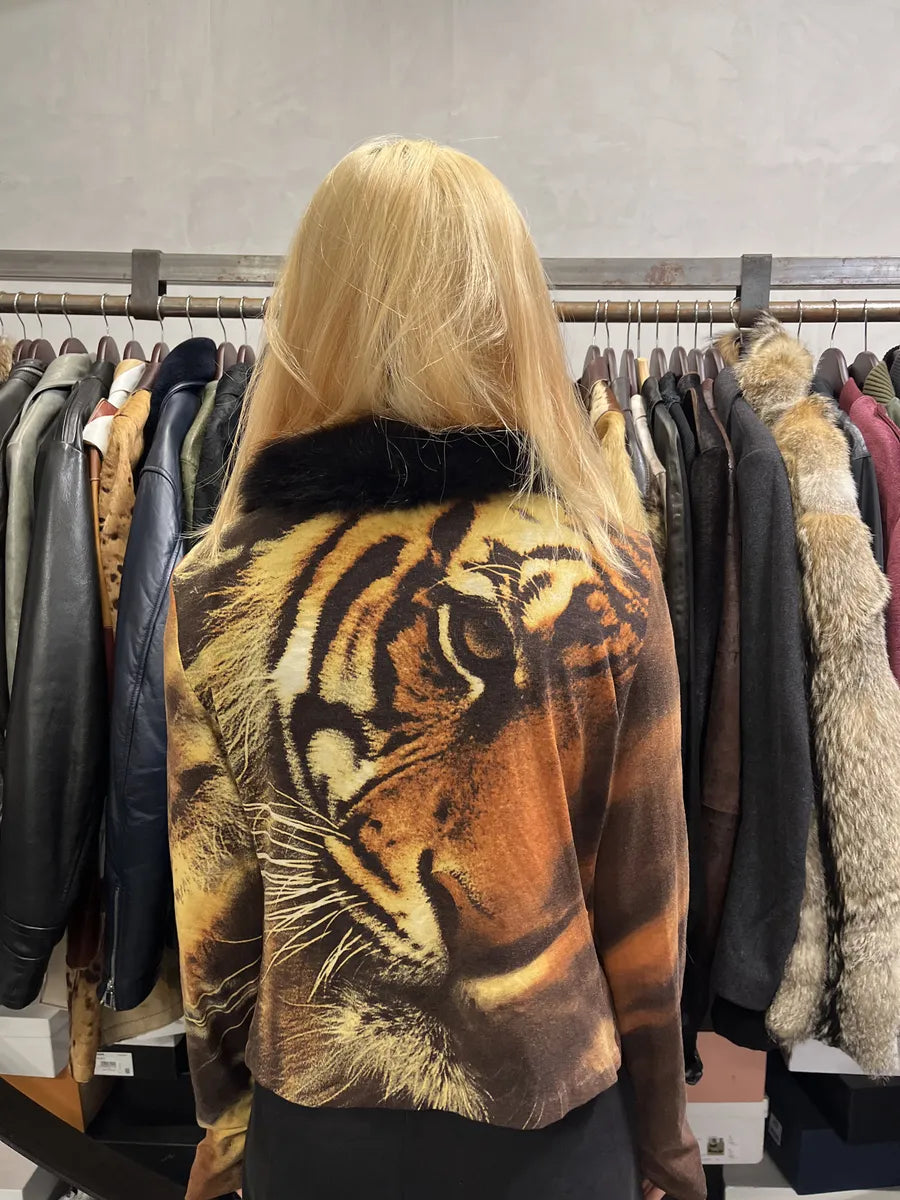 FW2000 Roberto Cavalli Orange Tiger Fur Collar Cardigan BkNGGQQ 3