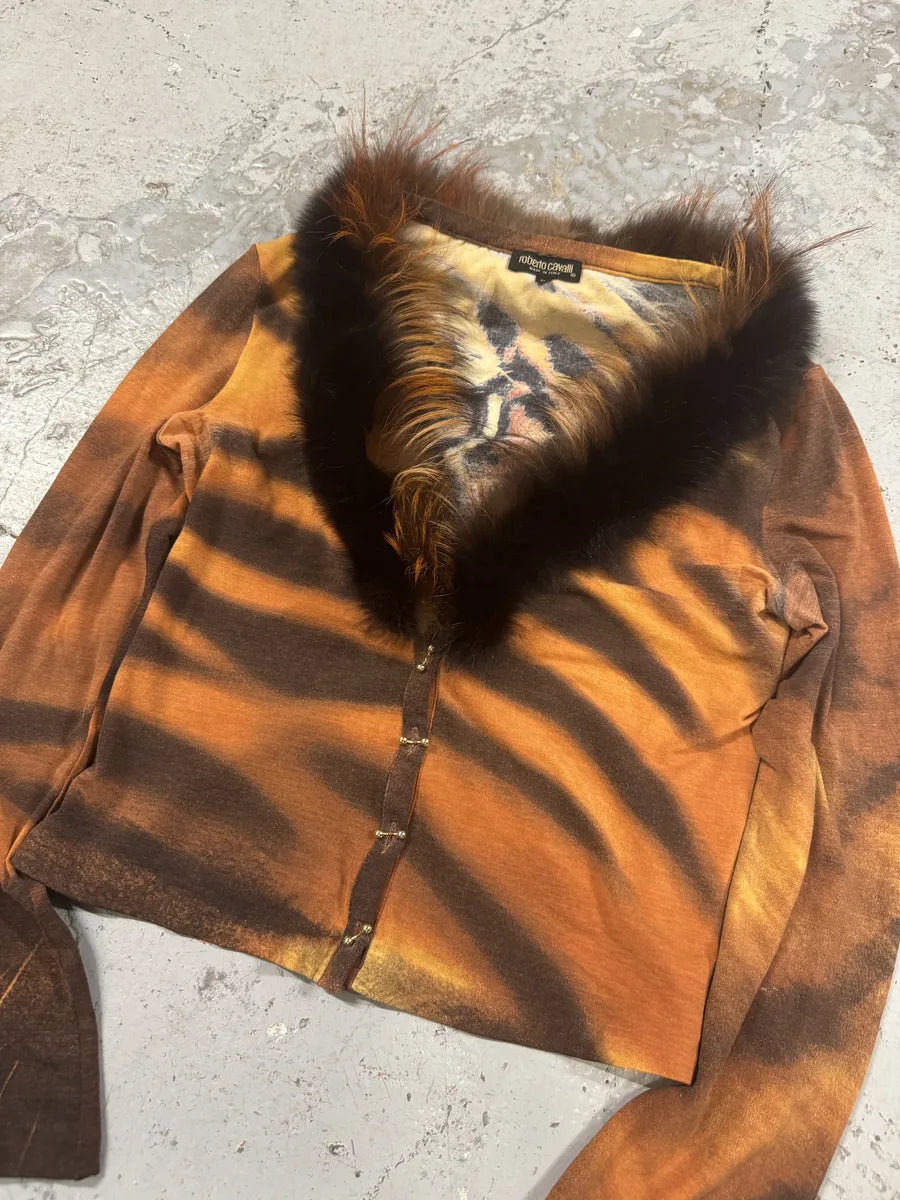 FW2000 Roberto Cavalli Orange Tiger Fur Collar Cardigan BkNGGQQ 4