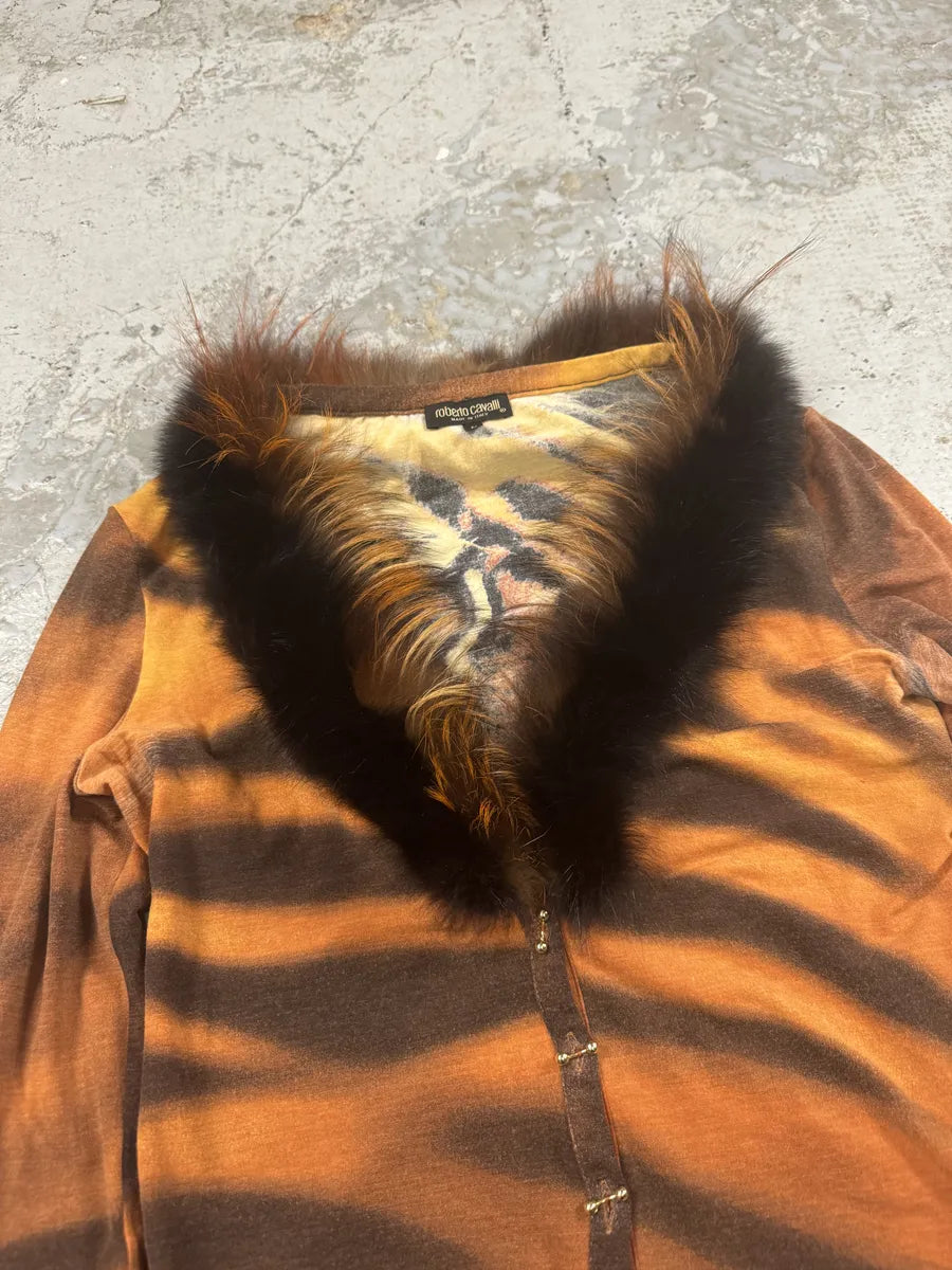 FW2000 Roberto Cavalli Orange Tiger Fur Collar Cardigan BkNGGQQ 5