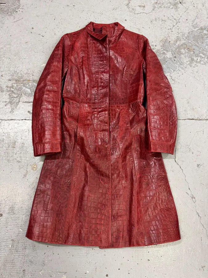 FW2000 Roberto Cavalli Red Crocodile Embossed Leather Trench Coat bYmImyH 0