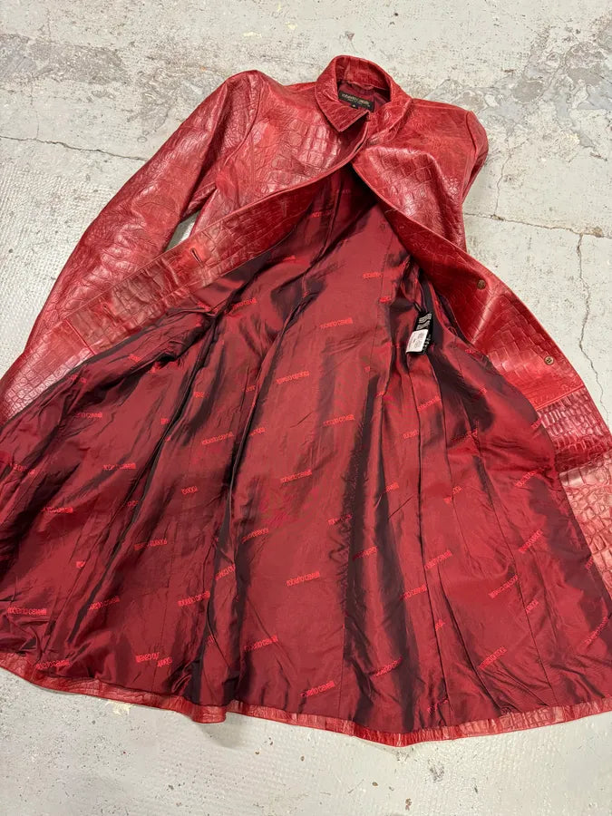 FW2000 Roberto Cavalli Red Crocodile Embossed Leather Trench Coat bYmImyH 10