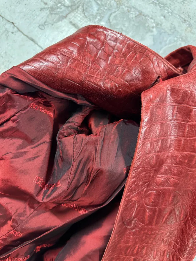 FW2000 Roberto Cavalli Red Crocodile Embossed Leather Trench Coat bYmImyH 11