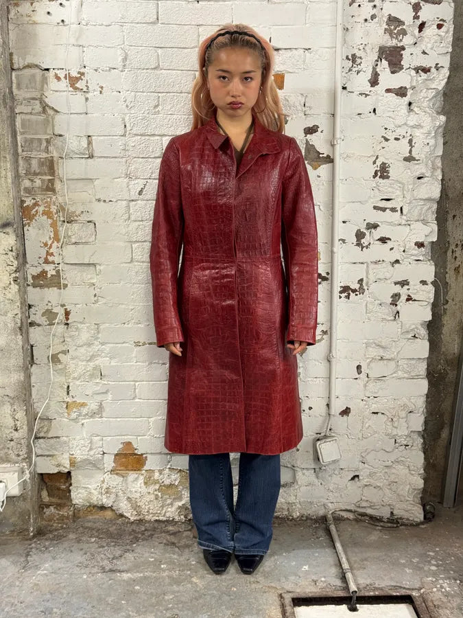 FW2000 Roberto Cavalli Red Crocodile Embossed Leather Trench Coat bYmImyH 3
