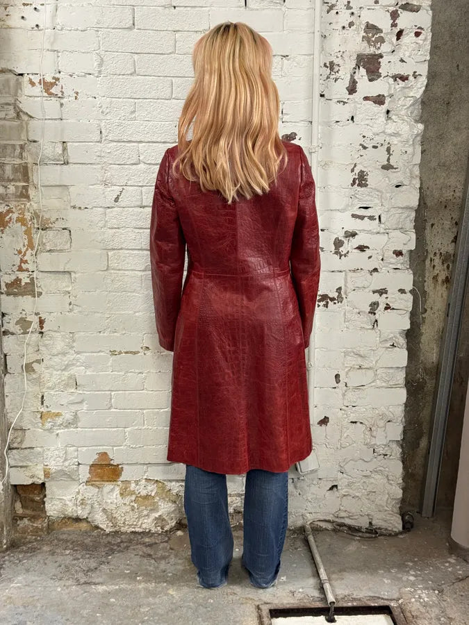 FW2000 Roberto Cavalli Red Crocodile Embossed Leather Trench Coat bYmImyH 4