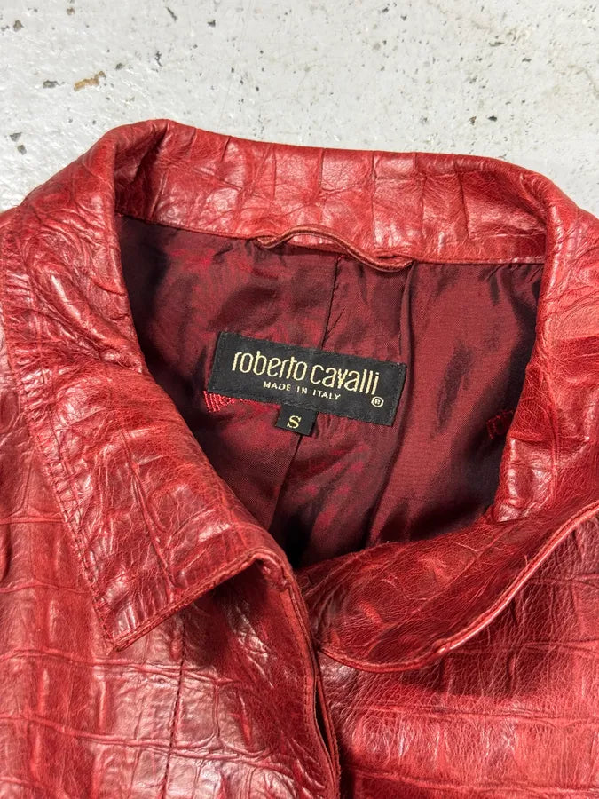 FW2000 Roberto Cavalli Red Crocodile Embossed Leather Trench Coat bYmImyH 5