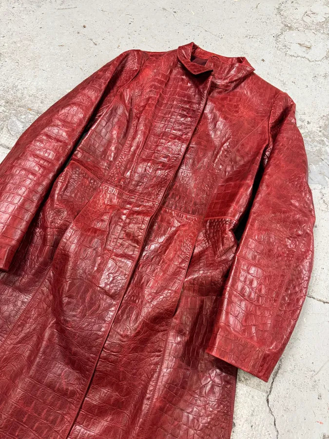 FW2000 Roberto Cavalli Red Crocodile Embossed Leather Trench Coat bYmImyH 6