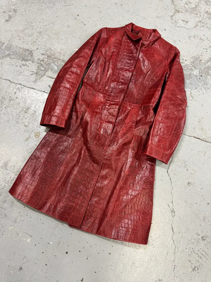 FW2000 Roberto Cavalli Red Crocodile Embossed Leather Trench Coat bYmImyH 8