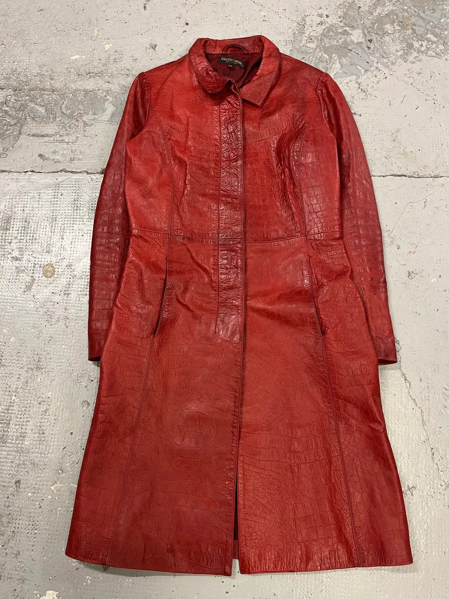 FW2000 Roberto Cavalli Red Crocodile Embossed Leather Trench Coat gMSUGra 0